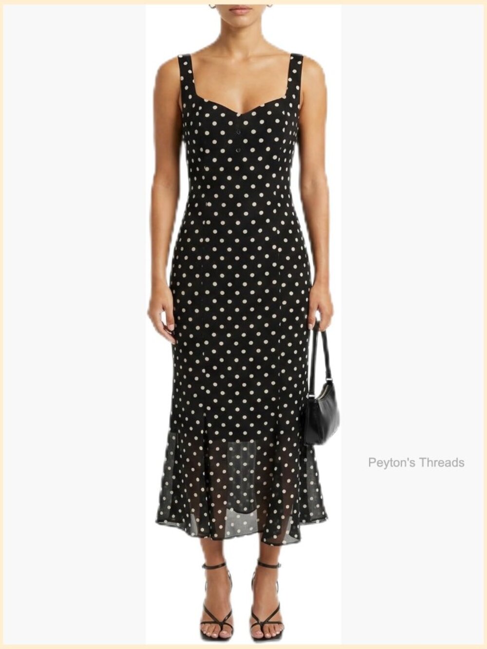 Polka Dot Midi Dress with Wide Straps, Fitted Bodice, Sheer Hem